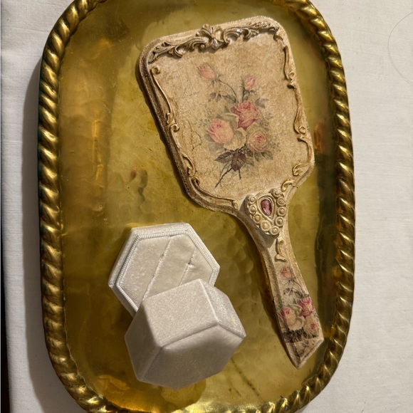 Vintage Floral Hand Mirror with Gold Tray